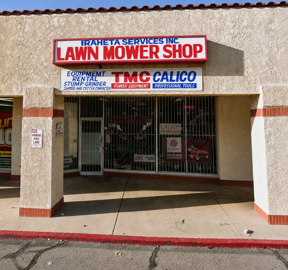 Exterior of the Iraheta Services lawn mower repair shop in Palmdale, CA