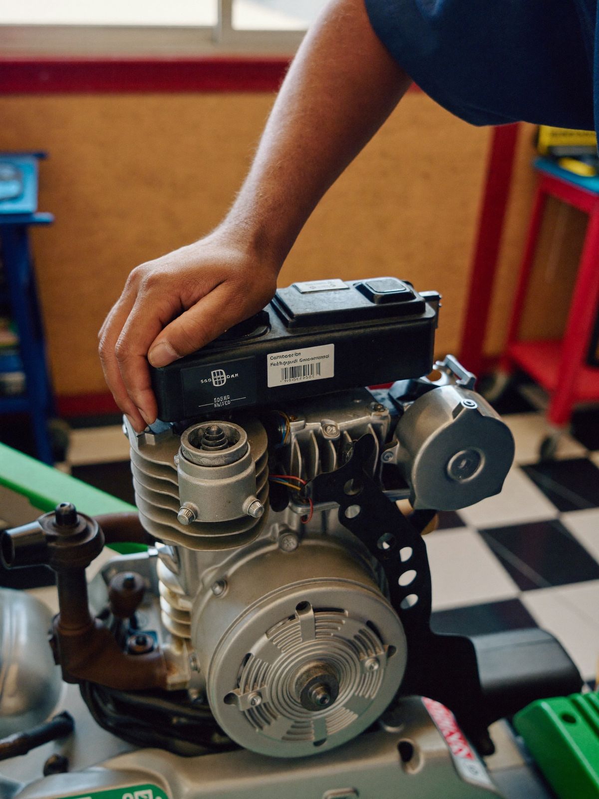 A mechanic closely inspecting a lawn mower engine