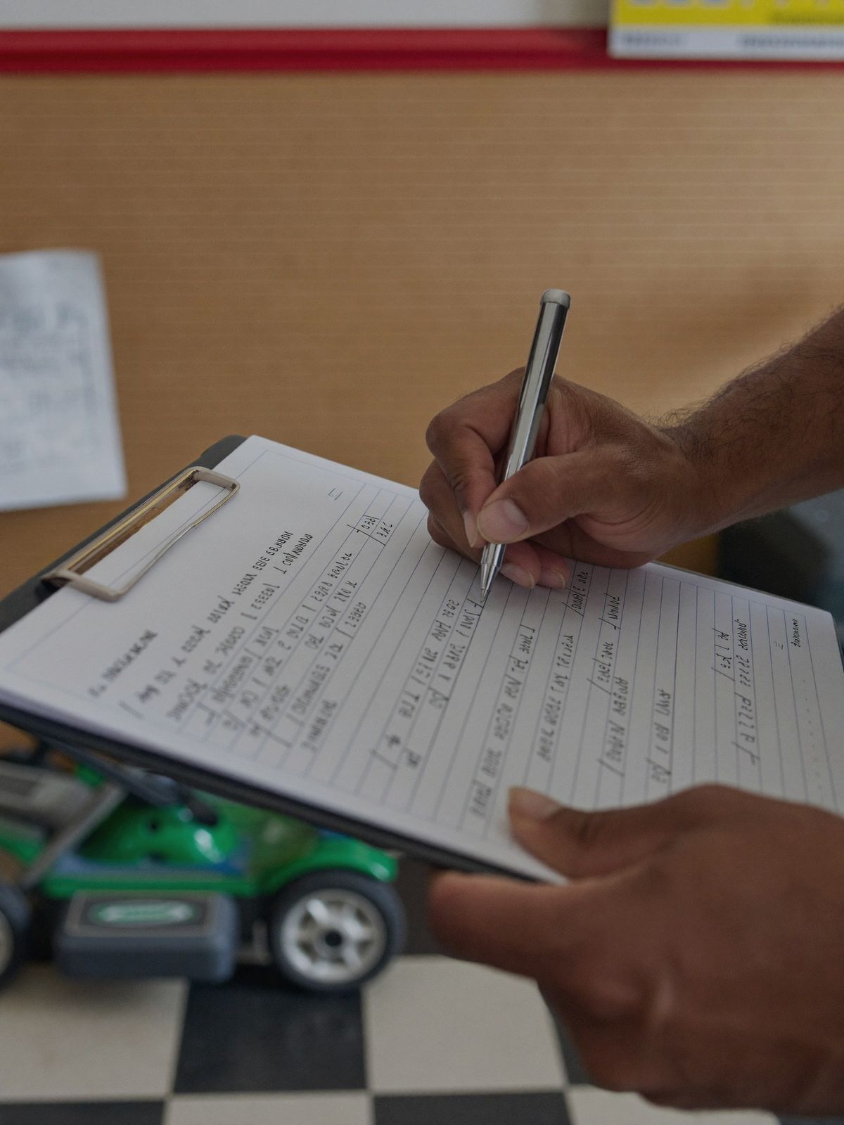 A hand writing up a work order on a clipboard